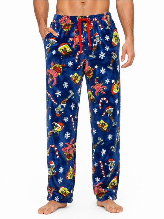 Other - Men's Blue Holiday SpongeBob Character Print Lounge Pants Velvet NEW